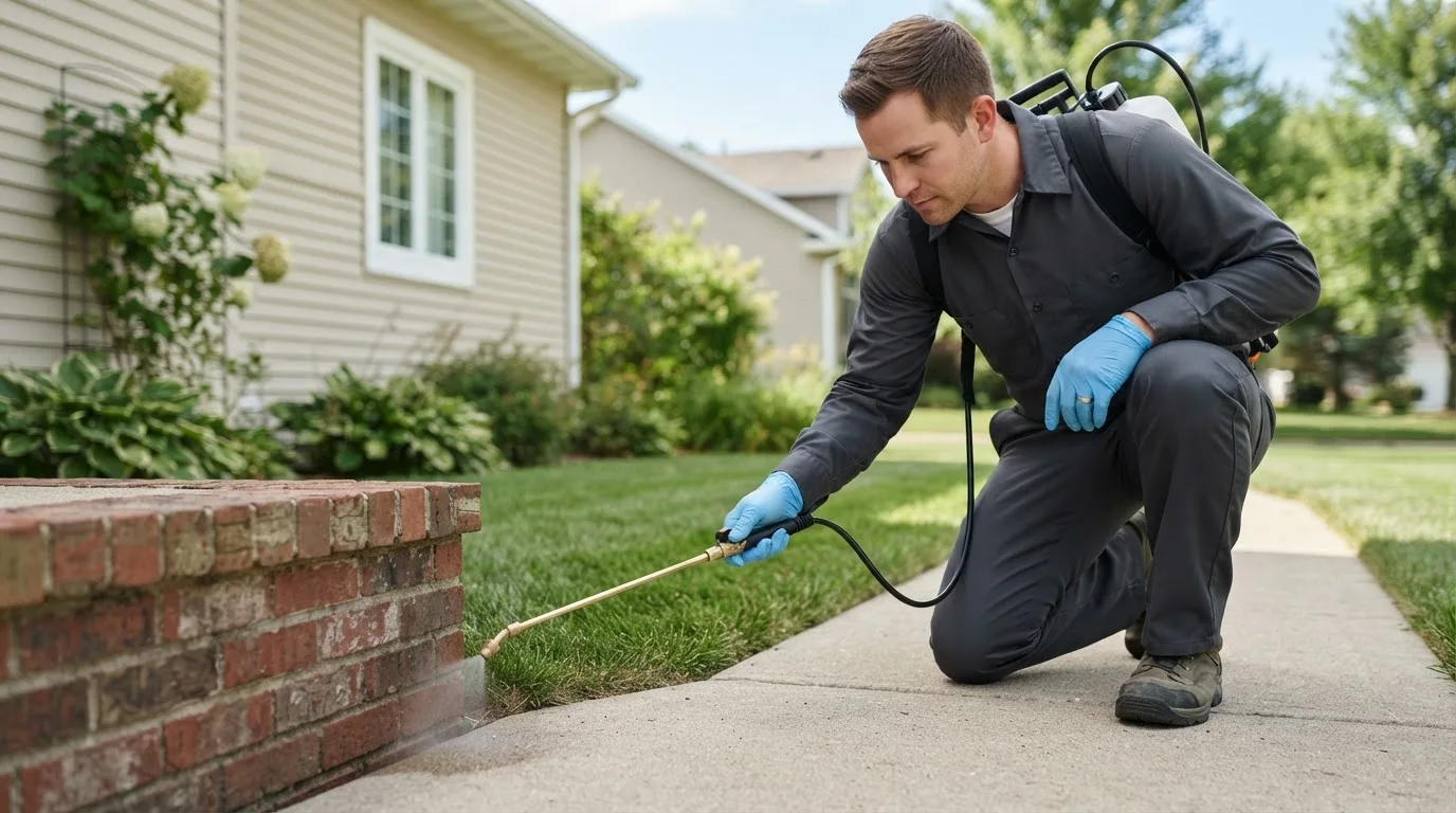 Pest control technician treating a home near Newfolden, MN